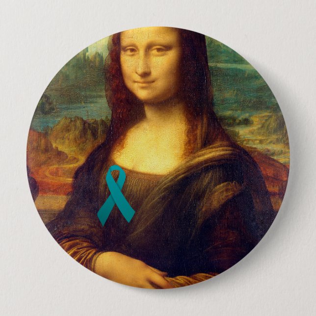 Mona Lisa With Teal Ribbon Pinback Button (Front)