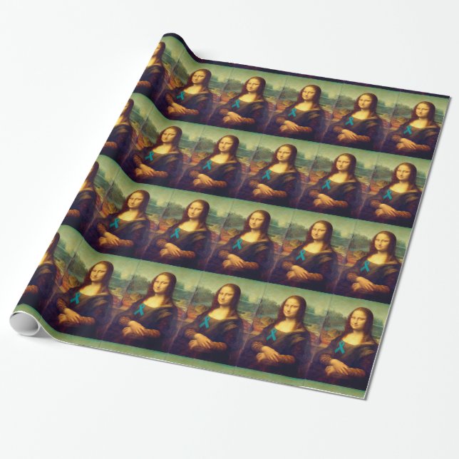 Mona Lisa With Teal Ribbon Wrapping Paper (Unrolled)