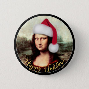 Mona Lisa's Christmas Santa Hat Button