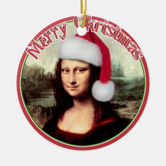 Mona Lisa's Christmas Santa Hat Ceramic Ornament