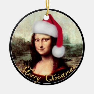 Mona Lisa's Christmas Santa Hat Ceramic Ornament