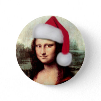 Mona Lisa's Christmas Santa Hat Pinback Button