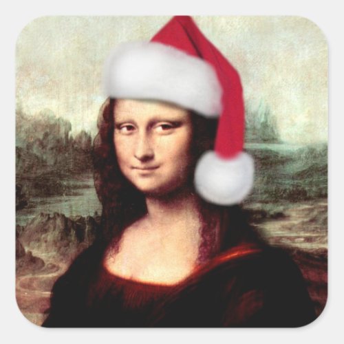 Mona Lisas Christmas Santa Hat Square Sticker