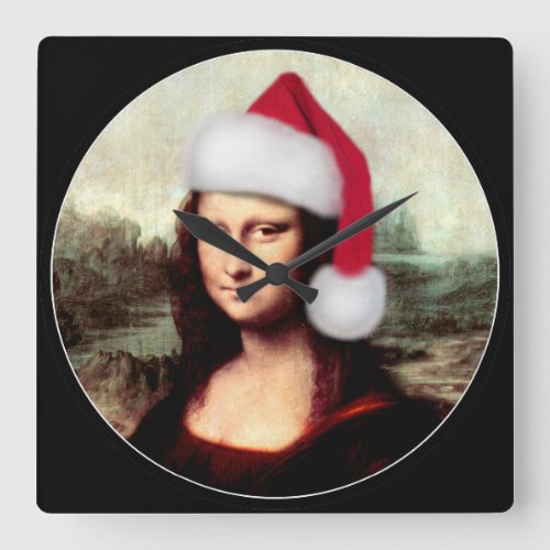 Mona Lisas Christmas Santa Hat Square Wall Clock