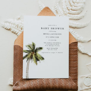MONA Modern Tropical Palm Tree Beach Baby Shower Invitation