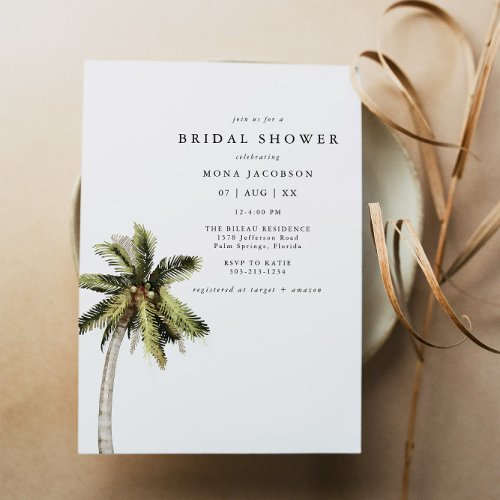 MONA Modern Tropical Palm Tree Beach Bridal Shower Invitation