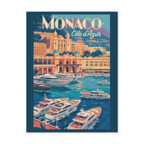 Monaco Cote D Azur Illustration Travel Art Vintage Postcard