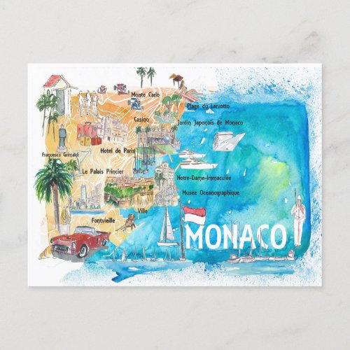 Monaco Monte Carlo Illustrated Map with Landmarks  Postcard