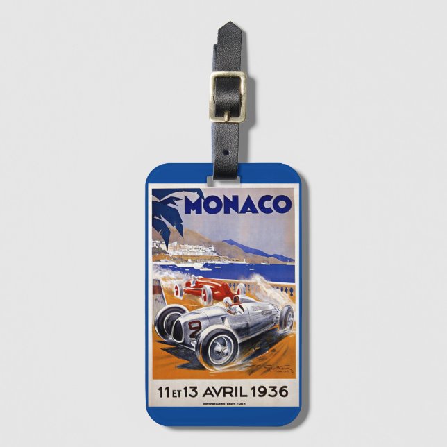 Monaco travel poster, 1936 auto race, luggage tag (Front Vertical)
