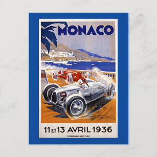 Monaco travel poster, 1936 auto race, postcard