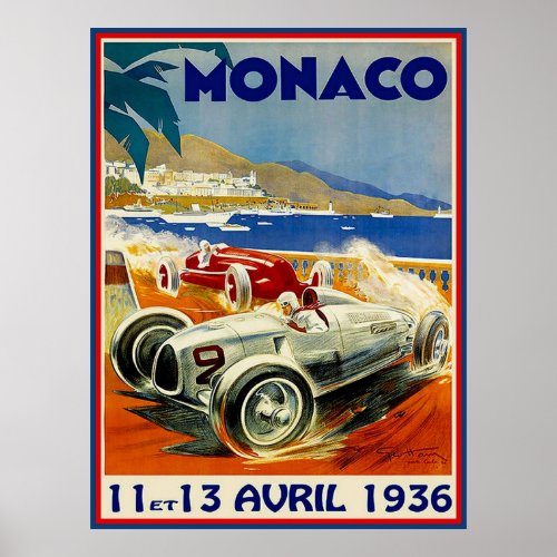 MONACO  Vintage 1936 Grand Prix Auto Racing Print