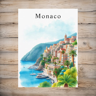 Monaco Watercolor Retro Travel Art Postcard