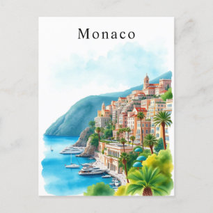 Monaco Watercolor Retro Travel Art Postcard