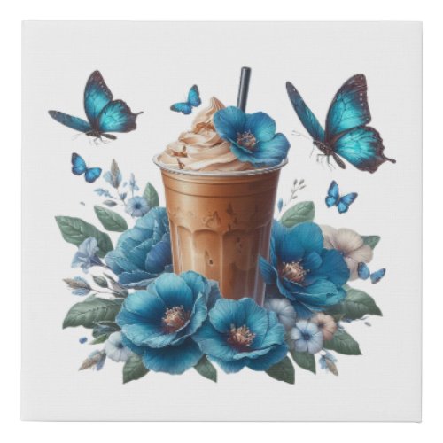 Monarch Butterflies and Blue Flowers Iced Coffee Faux Canvas Print