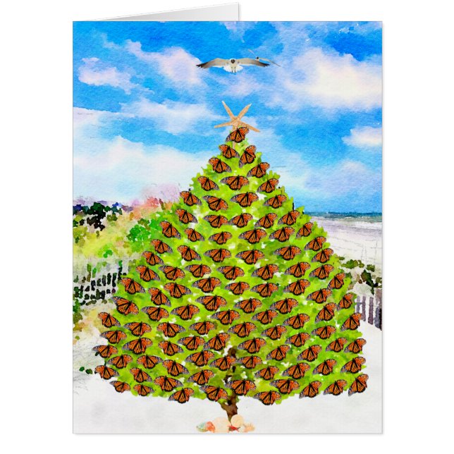 Monarch Butterflies Beach Christmas Tree Card (Front)