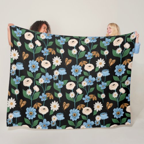 Monarch Butterflies  Blue  White Flowers Fleece Blanket