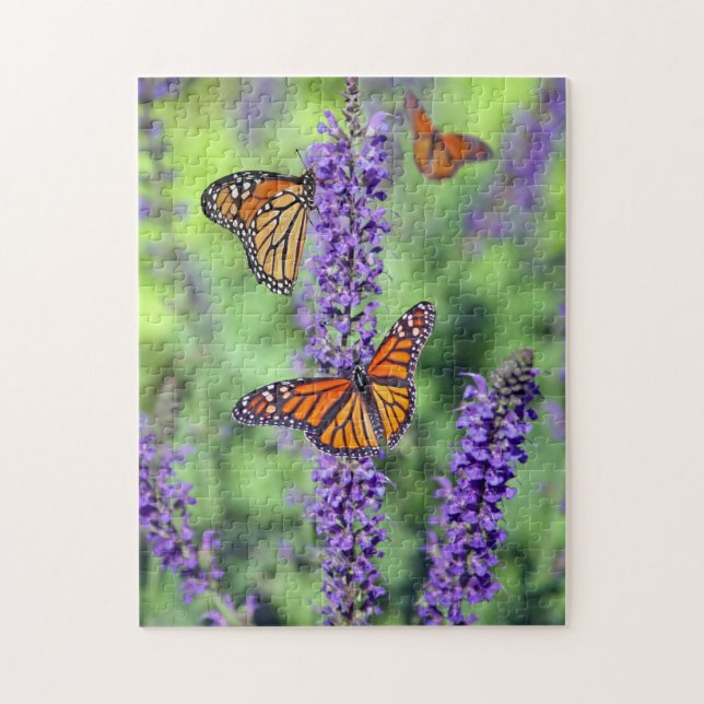 Monarch Butterflies Feeding on Purple Flower Bush Jigsaw Puzzle (Vertical)
