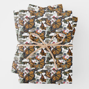 Monarch Butterflies & Floral Botanical Pattern Wrapping Paper Sheets