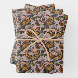 Monarch Butterflies & Floral Botanical Pattern Wrapping Paper Sheets