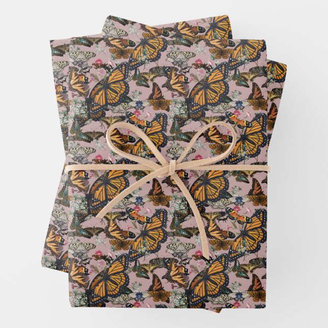Monarch Butterflies & Floral Botanical Pattern Wrapping Paper Sheets (In situ)