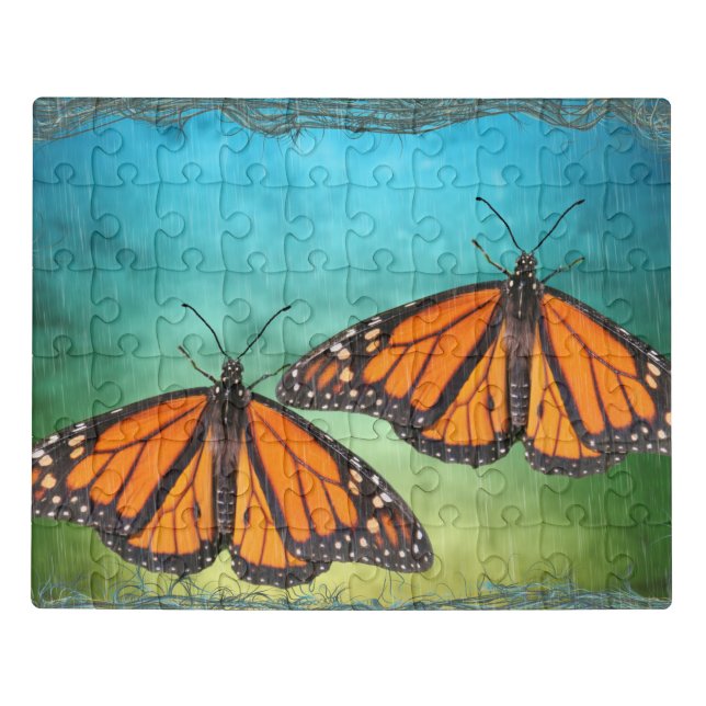 Monarch Butterflies on Blue & Green Jigsaw Puzzle (Puzzle Horizontal)
