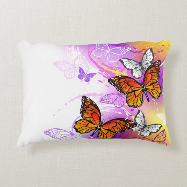 Monarch Butterflies on Purple Background Accent Pillow (Front)