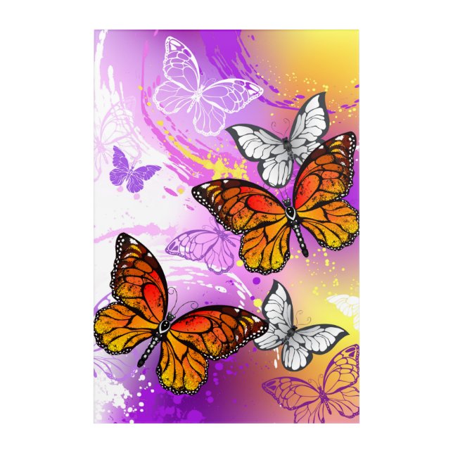 Monarch Butterflies on Purple Background Acrylic Print (Front)