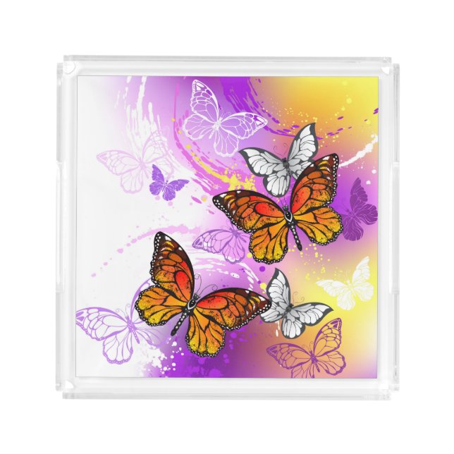 Monarch Butterflies on Purple Background Acrylic Tray (Front)