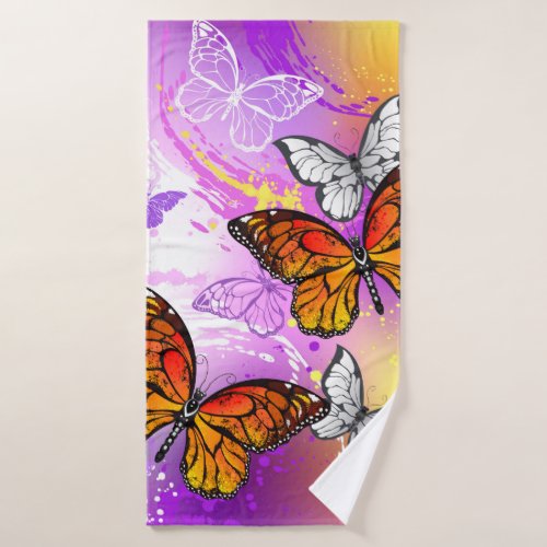 Monarch Butterflies on Purple Background Bath Towel