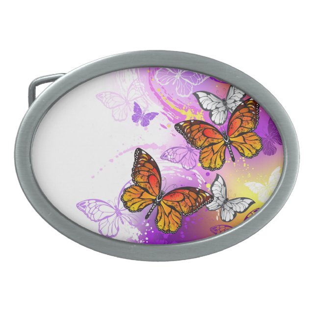 Monarch Butterflies on Purple Background Belt Buckle (Front)