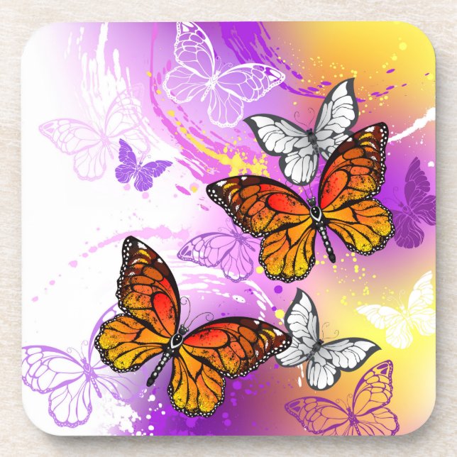 Monarch Butterflies on Purple Background Beverage Coaster (Front)
