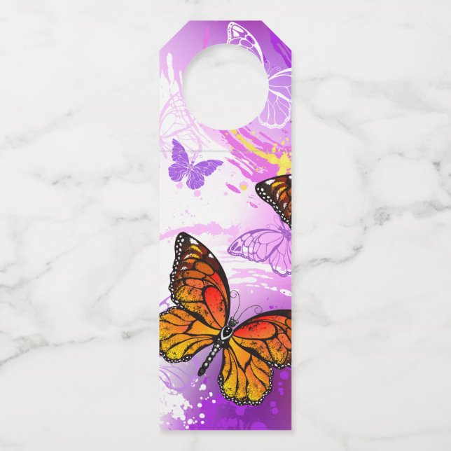 Monarch Butterflies on Purple Background Bottle Hanger Tag (Front)