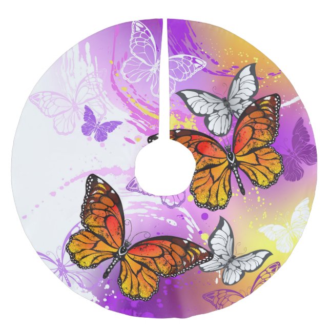 Monarch Butterflies on Purple Background Brushed Polyester Tree Skirt (Front)