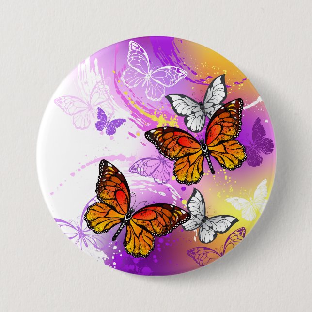 Monarch Butterflies on Purple Background Button (Front)