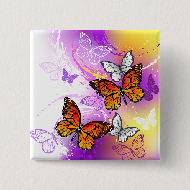 Monarch Butterflies on Purple Background Button (Front)
