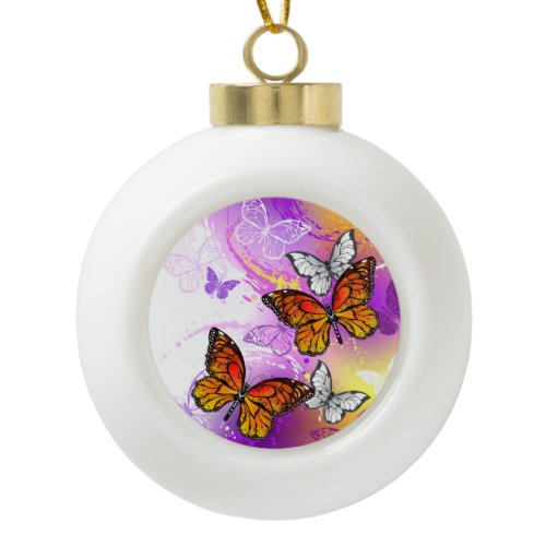 Monarch Butterflies on Purple Background Ceramic Ball Christmas Ornament