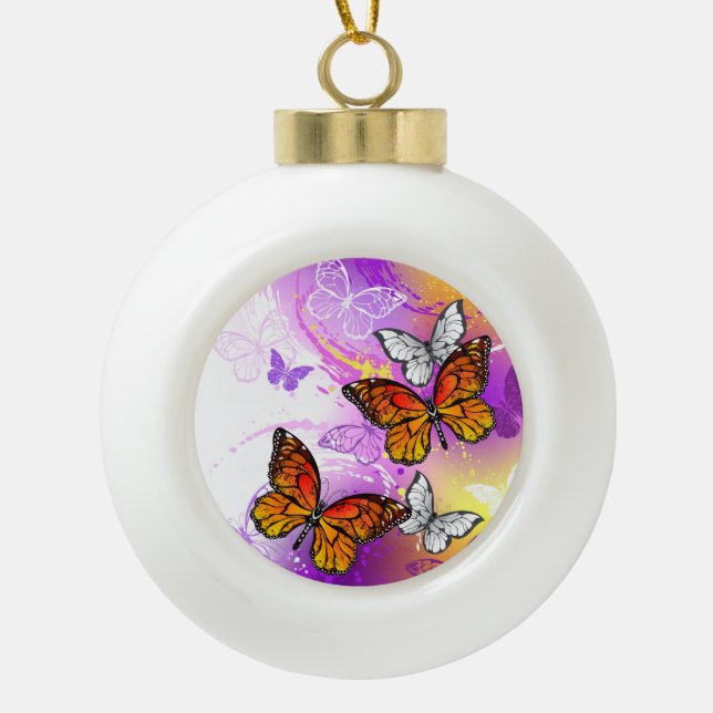 Monarch Butterflies on Purple Background Ceramic Ball Christmas Ornament (Front)