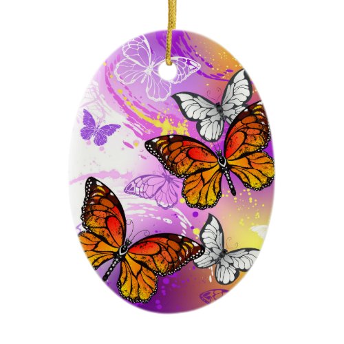 Monarch Butterflies on Purple Background Ceramic Ornament