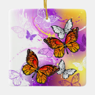 Monarch Butterflies on Purple Background Ceramic Ornament
