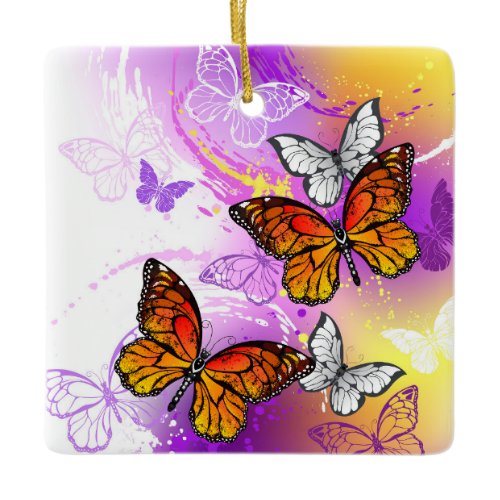 Monarch Butterflies on Purple Background Ceramic Ornament