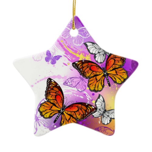 Monarch Butterflies on Purple Background Ceramic Ornament