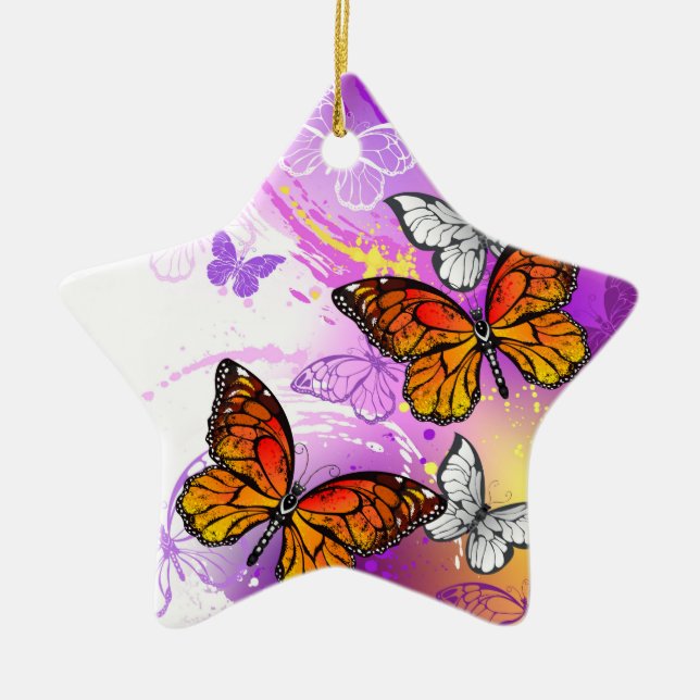 Monarch Butterflies on Purple Background Ceramic Ornament (Front)