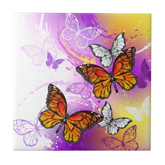 Monarch Butterflies on Purple Background Ceramic Tile (Front)