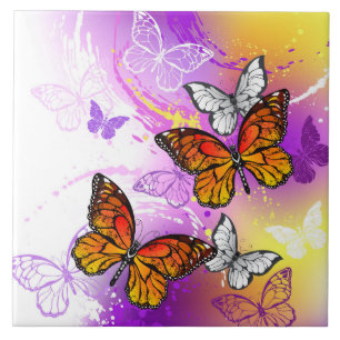 Monarch Butterflies on Purple Background Ceramic Tile
