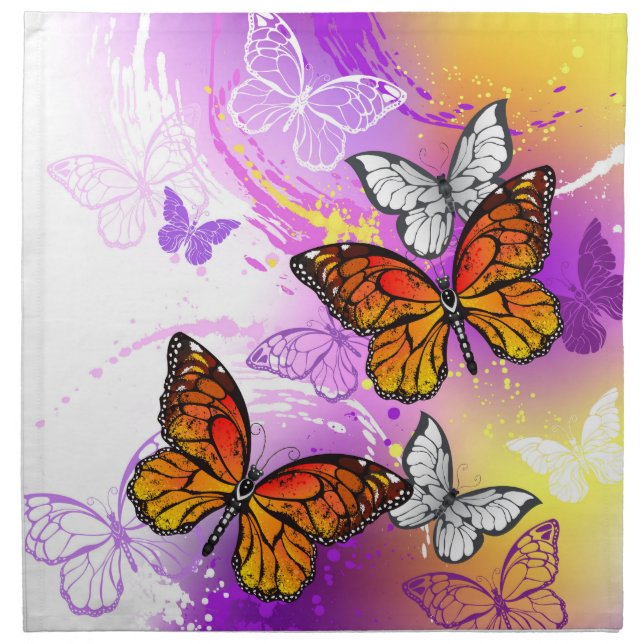 Monarch Butterflies on Purple Background Cloth Napkin (Front)