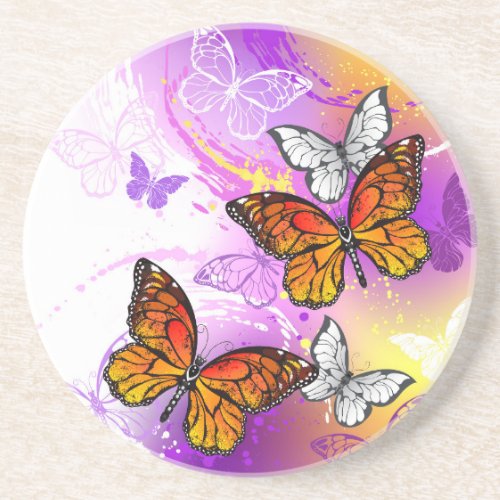 Monarch Butterflies on Purple Background Coaster
