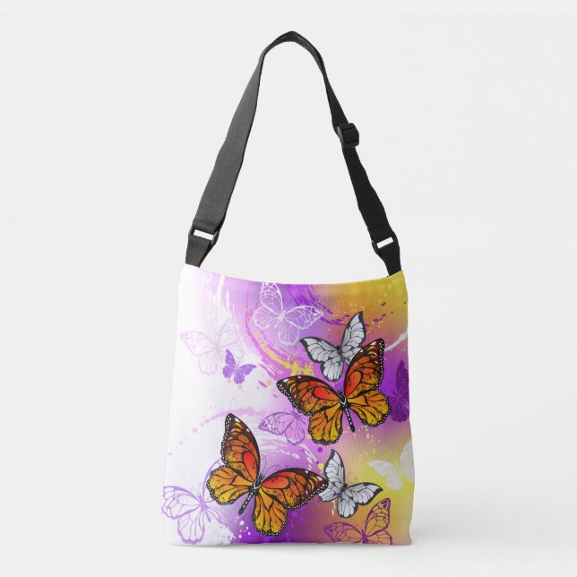 Monarch Butterflies on Purple Background Crossbody Bag (Front)