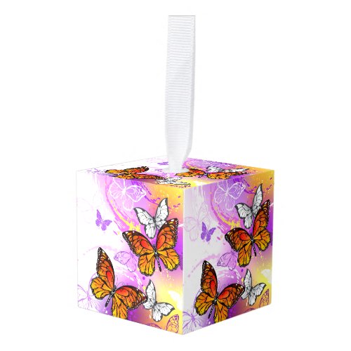 Monarch Butterflies on Purple Background Cube Ornament