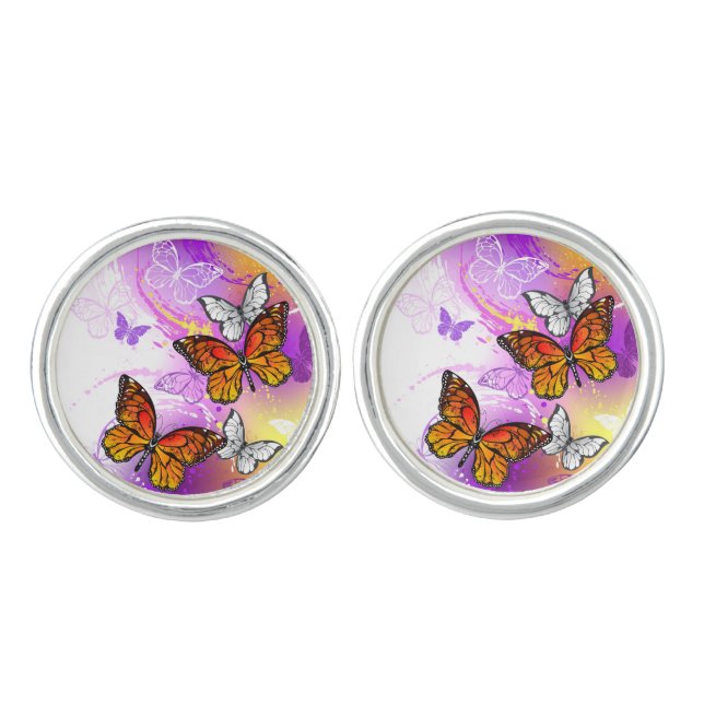 Monarch Butterflies on Purple Background Cufflinks (Front)