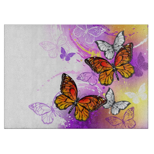Monarch Butterflies on Purple Background Cutting Board (Front)
